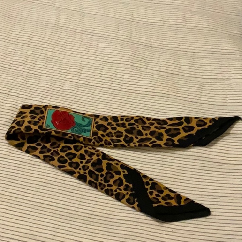 Women’s/Girl’s Custom Headband with tooled rose patch.  Leopard print scarf.
